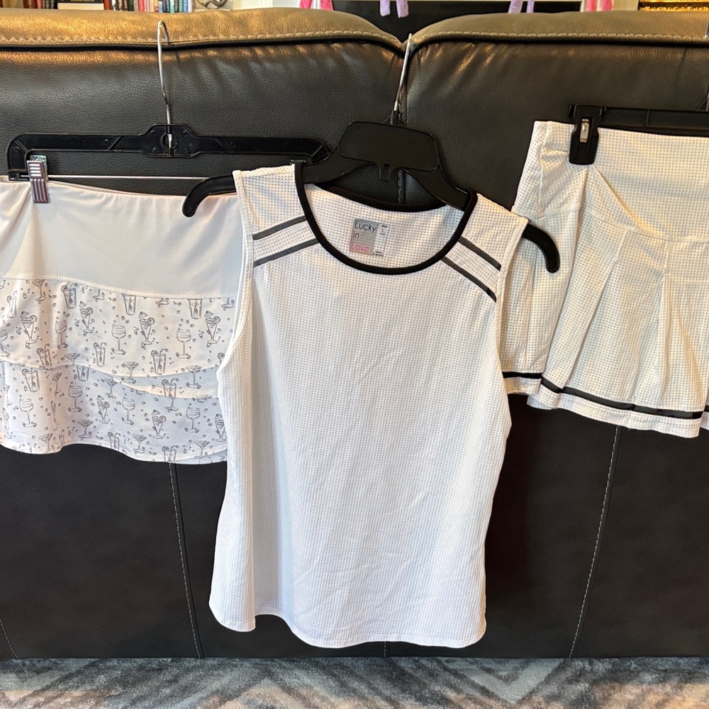 3 pc lot Lucky in love White Athletic Tank top skirts cocktail drinks M L
